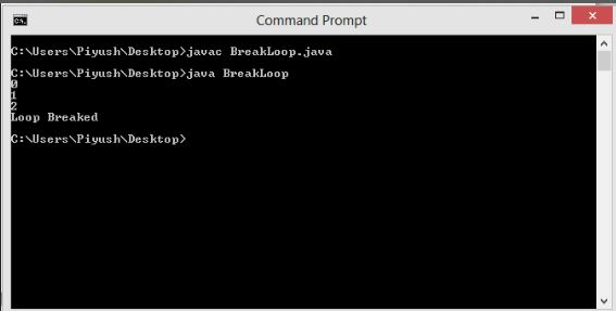 This image describes the output of the sample program of break statement in java.